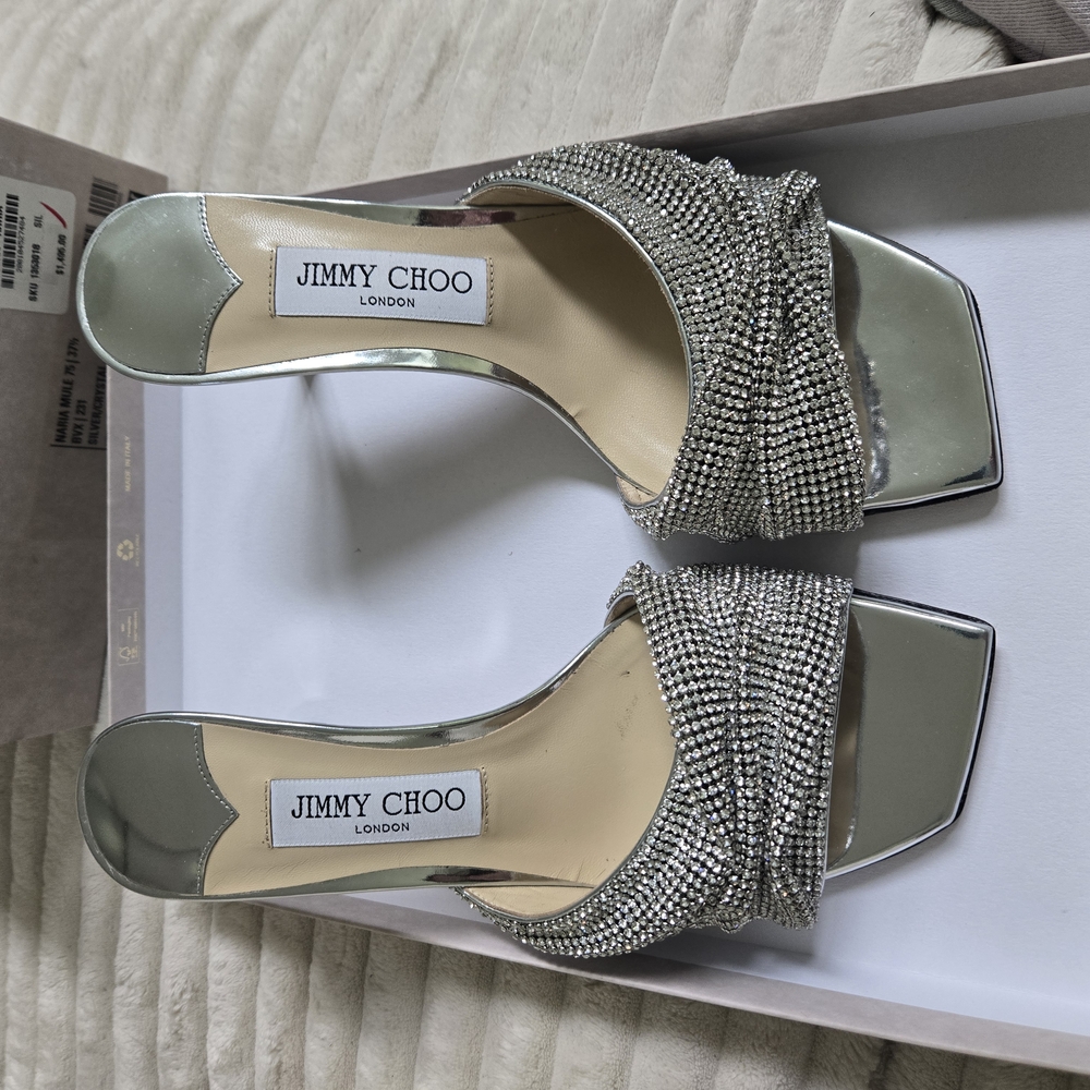 Jimmy Choo Silver Heels with Crystal Embellishments